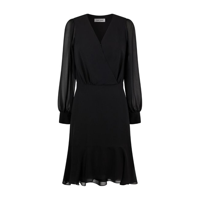 Voile long sleeve dress with crossover neckline, black, Naf Naf | La ...