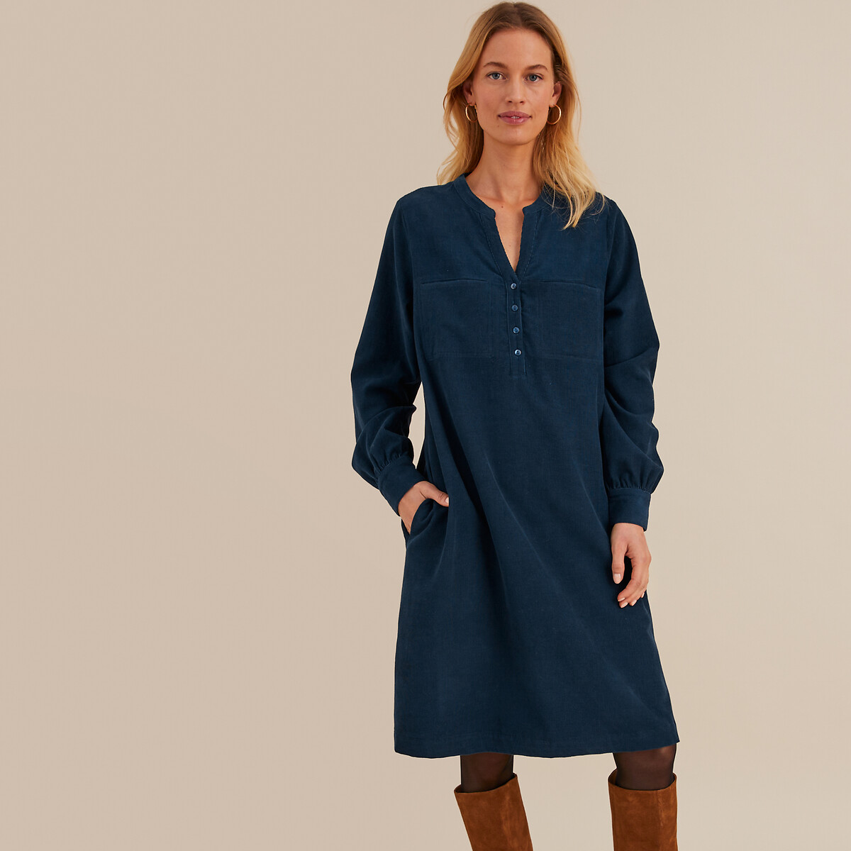 Robe droite velours midi manches longues bleu marine Anne Weyburn La Redoute