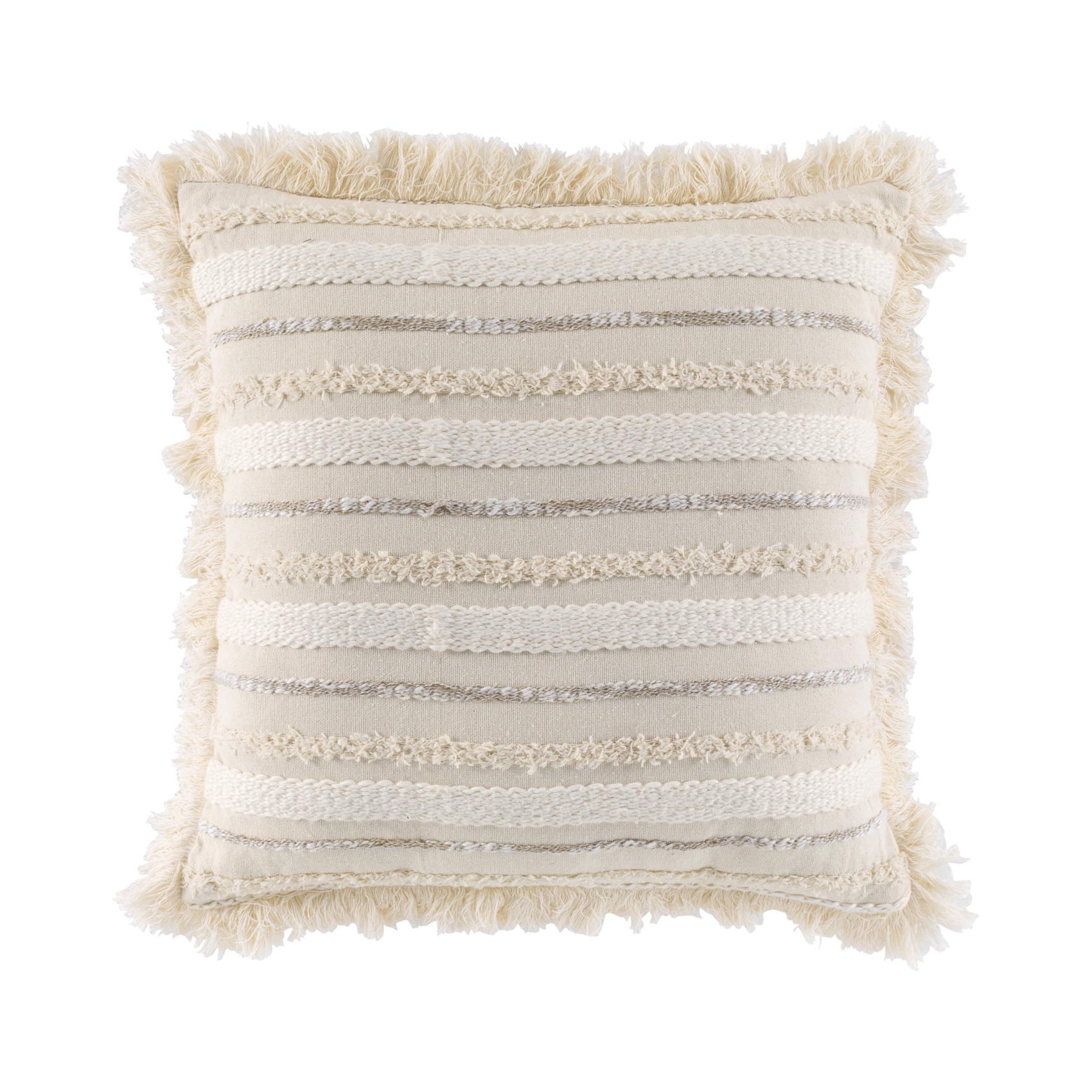 Coussin déhoussable en coton tissé avec franges et rayures en relief, DOUCEUR D'INTÉRIEUR