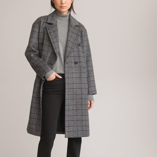 Checked long coat, grey prince of wales check, La Redoute Collections ...