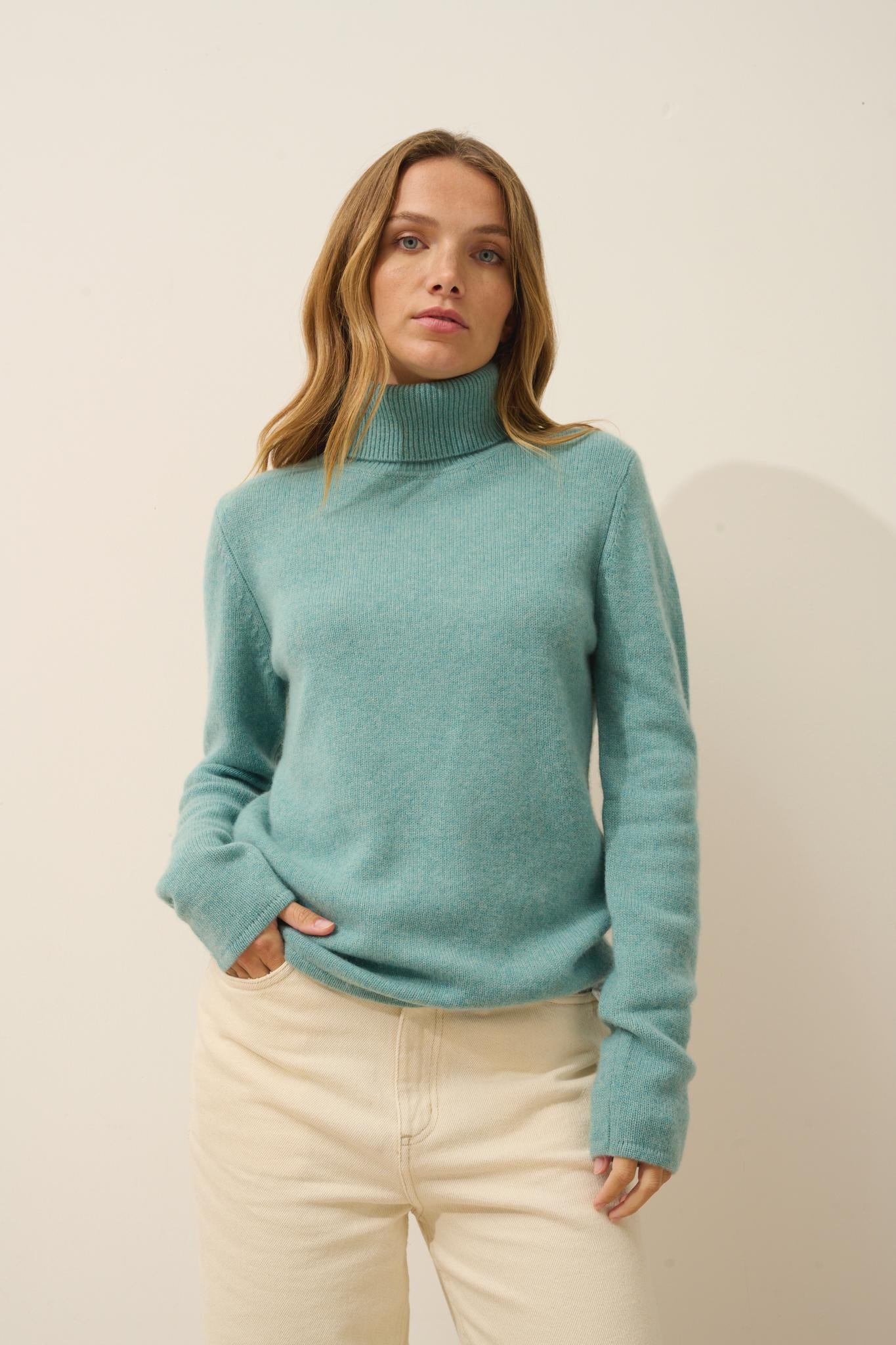 Pull Col Roulé 4 Fils Vert Chiné June, JUST CASHMERE