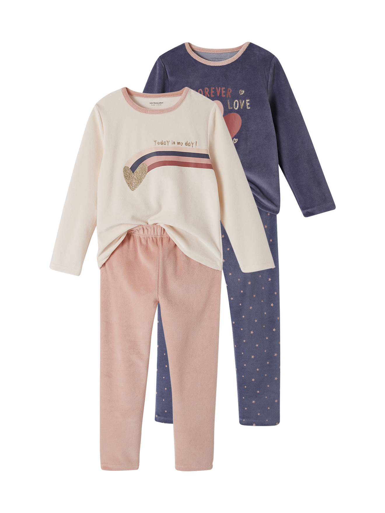 Lot de 2 pyjamas "love" en velours, VERTBAUDET
