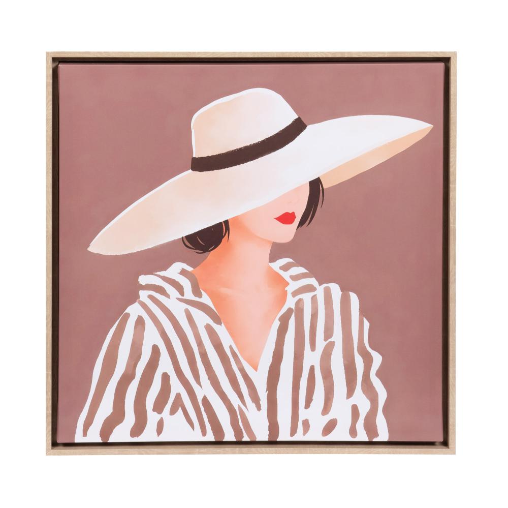 Toile imprimée femme au chapeau taupe cadre bois 60x60 cm, AMADEUS