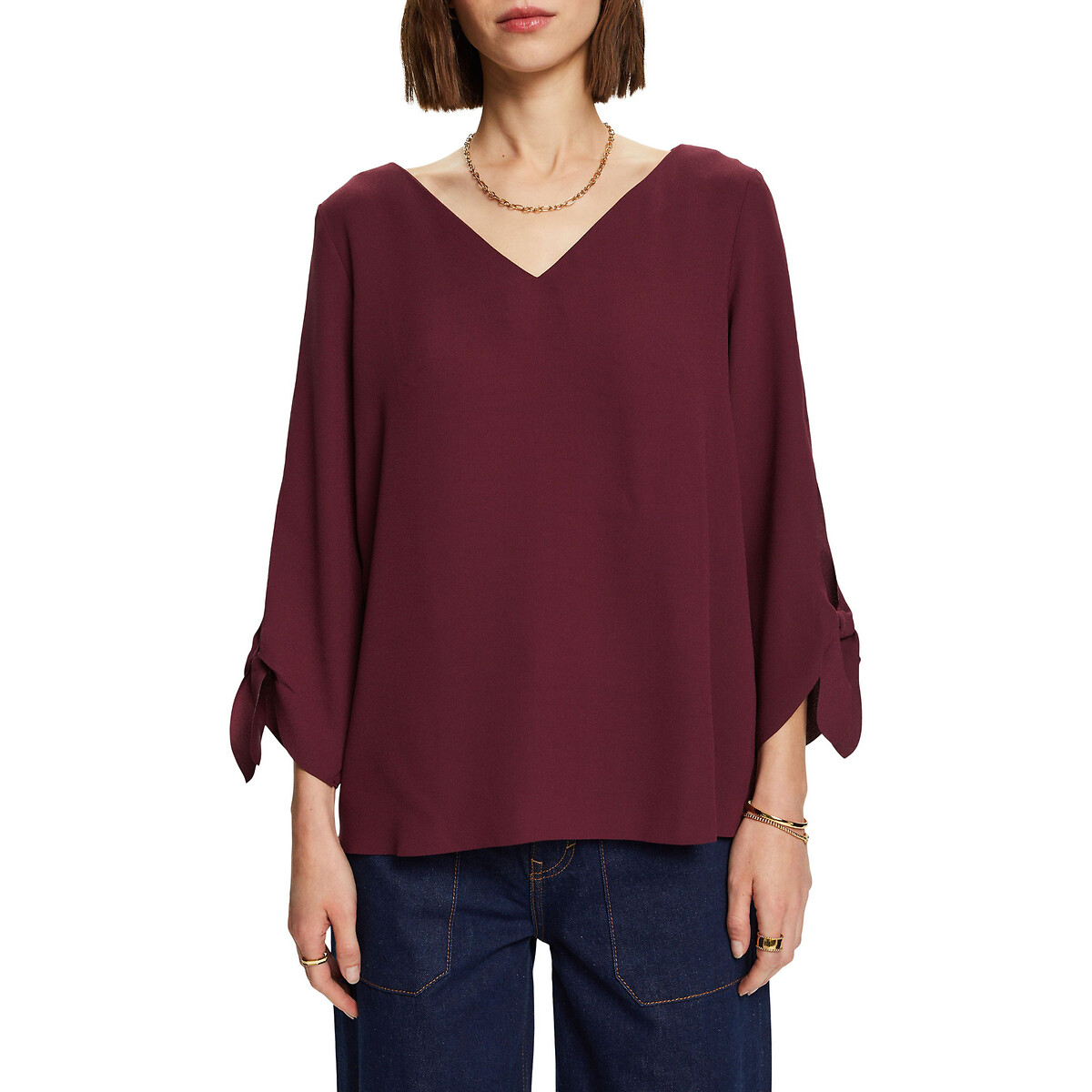 V-Neck Blouse with 3/4 Length Sleeves