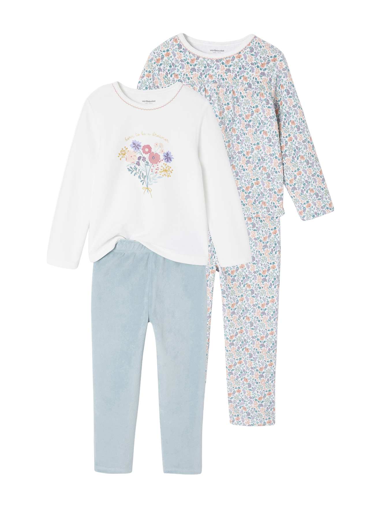 Lot de 2 Pyjamas Velours Fleurs, VERTBAUDET