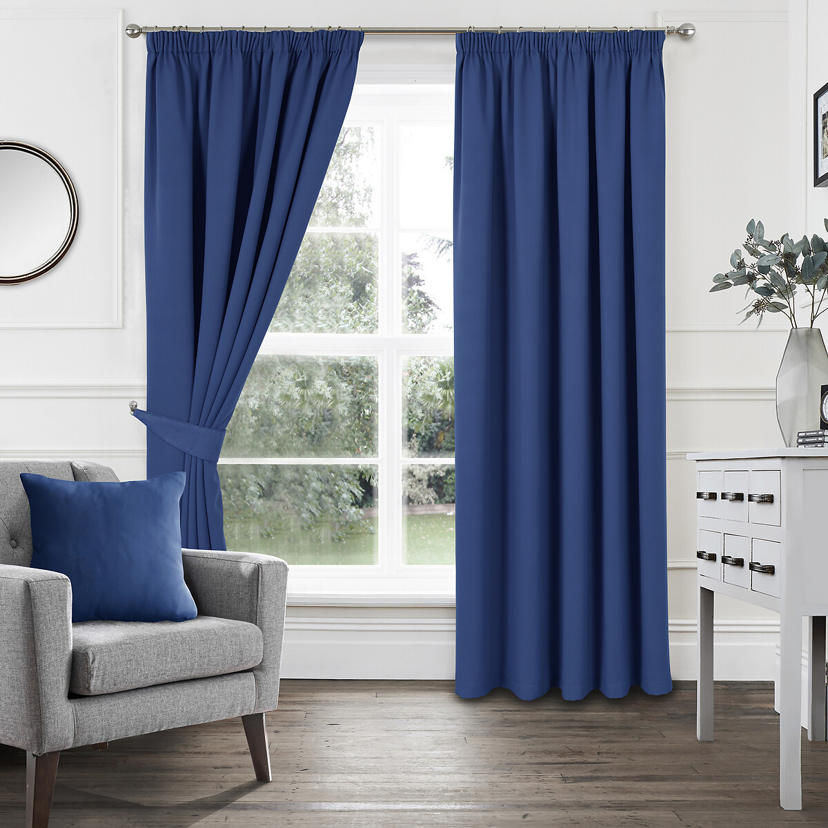 JACQUARD CHECK NAVY BLUE LINED PENCIL PLEAT CURTAINS DRAPES *9 SIZES* 