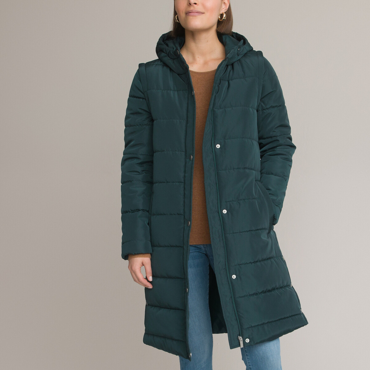 Mid-Length Padded Puffer Jacket with Detachable Sleeves