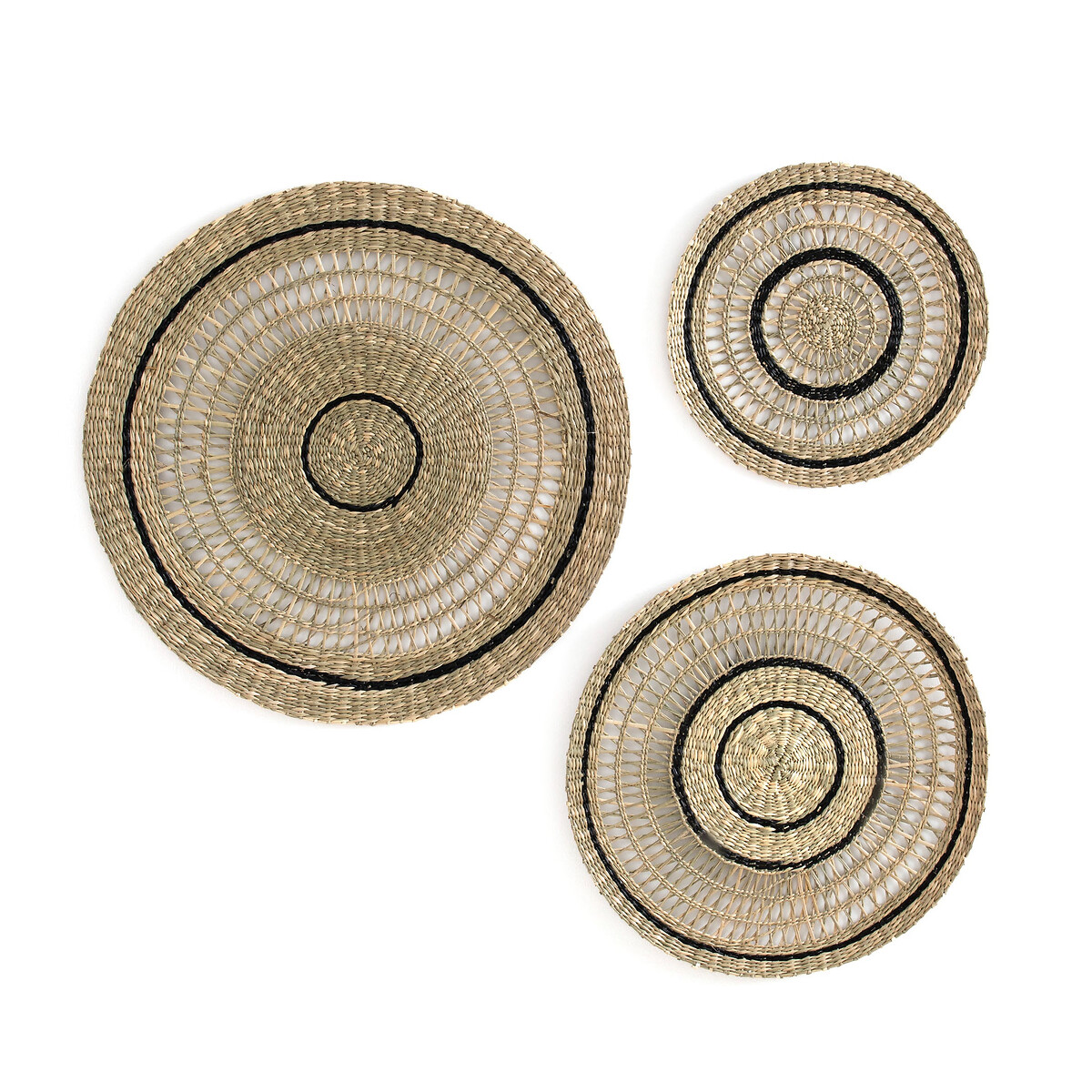 Set of 3 jutlo round woven straw wall decorations, natural/black, La ...