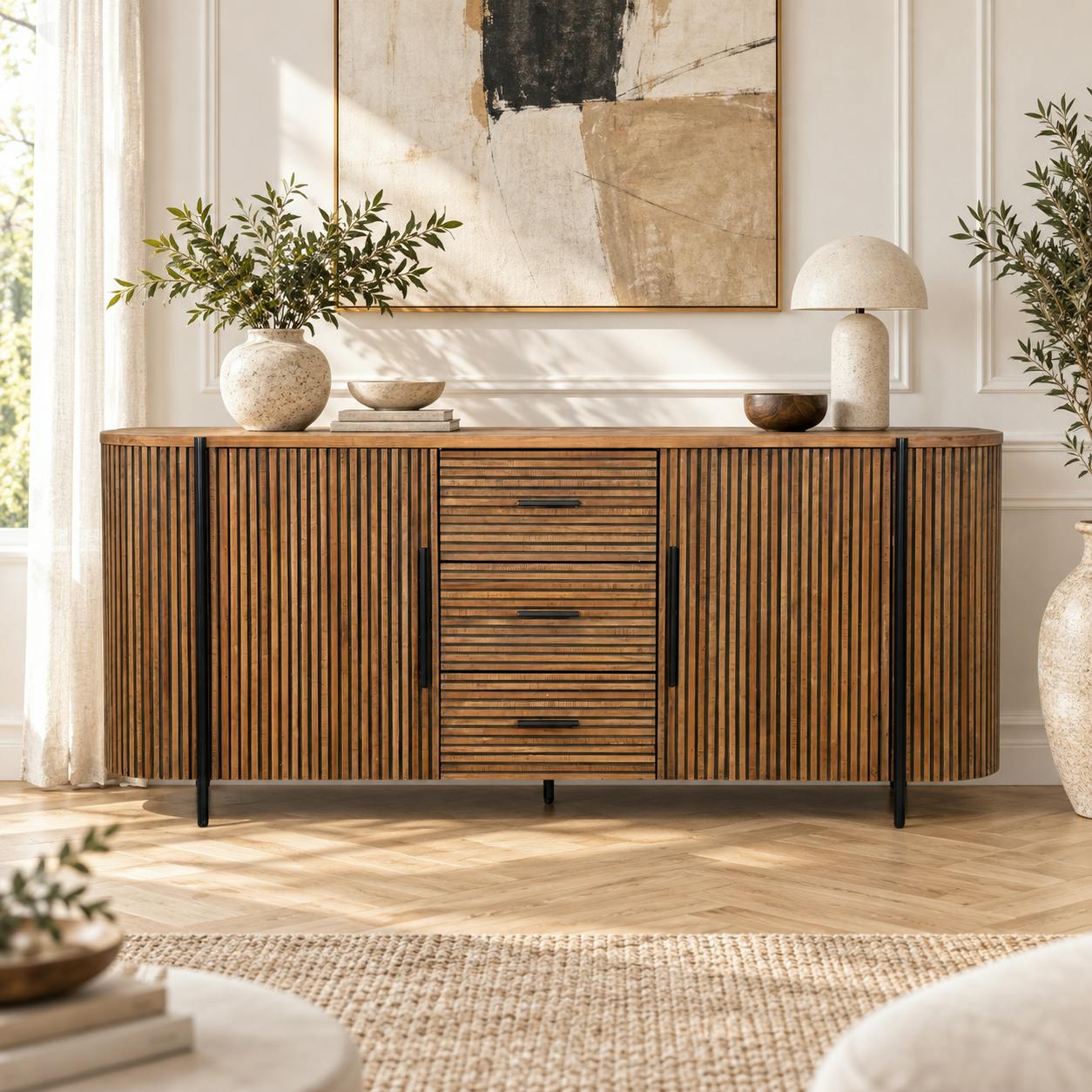 Enfilade 2 portes côtés arrondis bois naturel TRANI, PIER IMPORT