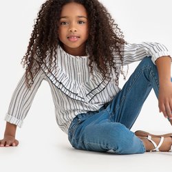 Blusa às riscas com folhos, 3-12 anos