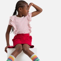 T-shirt com gola redonda e folhos, às riscas, 3-12 anos