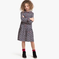 Vestido fluido e estampado, mangas compridas, 3-12 anos