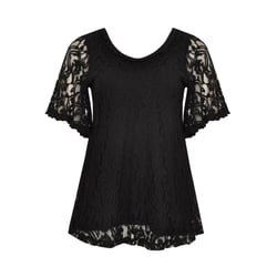 Tunique Taille 20 En Satin Polyester - Motif Dentelle Bleu Et Noir, Col Rond | Manches Courtes, Style Estival