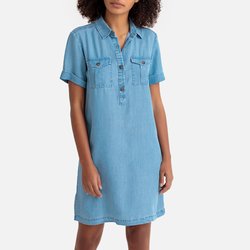 Vestido direito em ganga, curto, mangas curtas