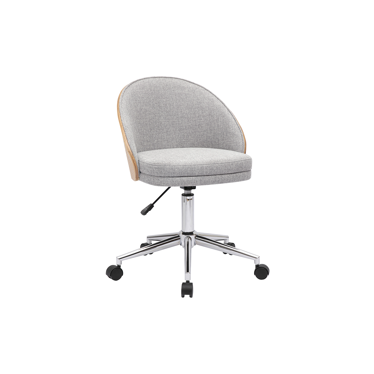 Chaise de bureau à roulettes en tissu effet velours texturé gris, bois clair et métal chromé TUCSON, MILIBOO