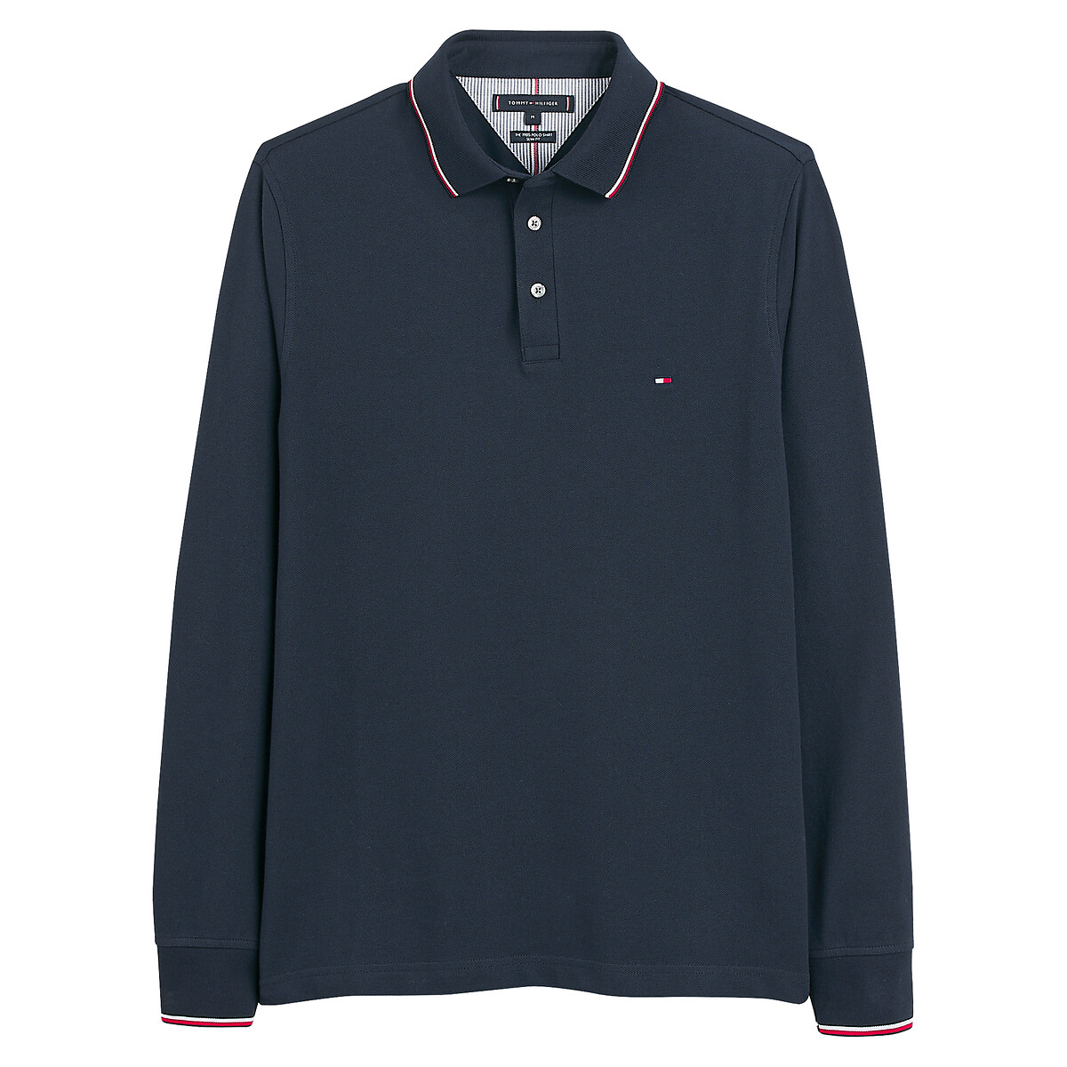 Image of 1985 Tipped Polo Shirt in Cotton with Long Sleeves, Slim Fit