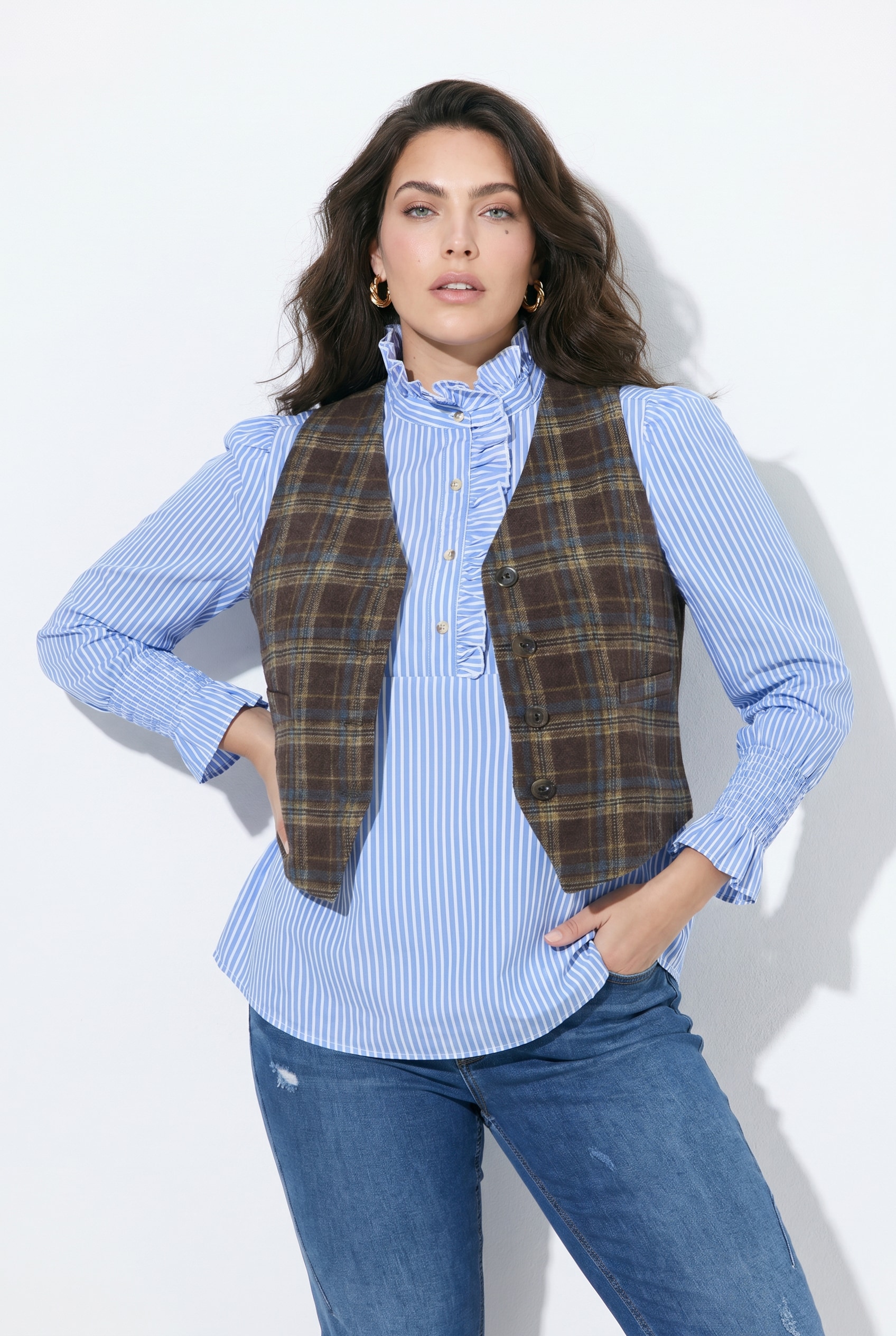Gilet à carreaux, dentelle et col en V, ULLA POPKEN