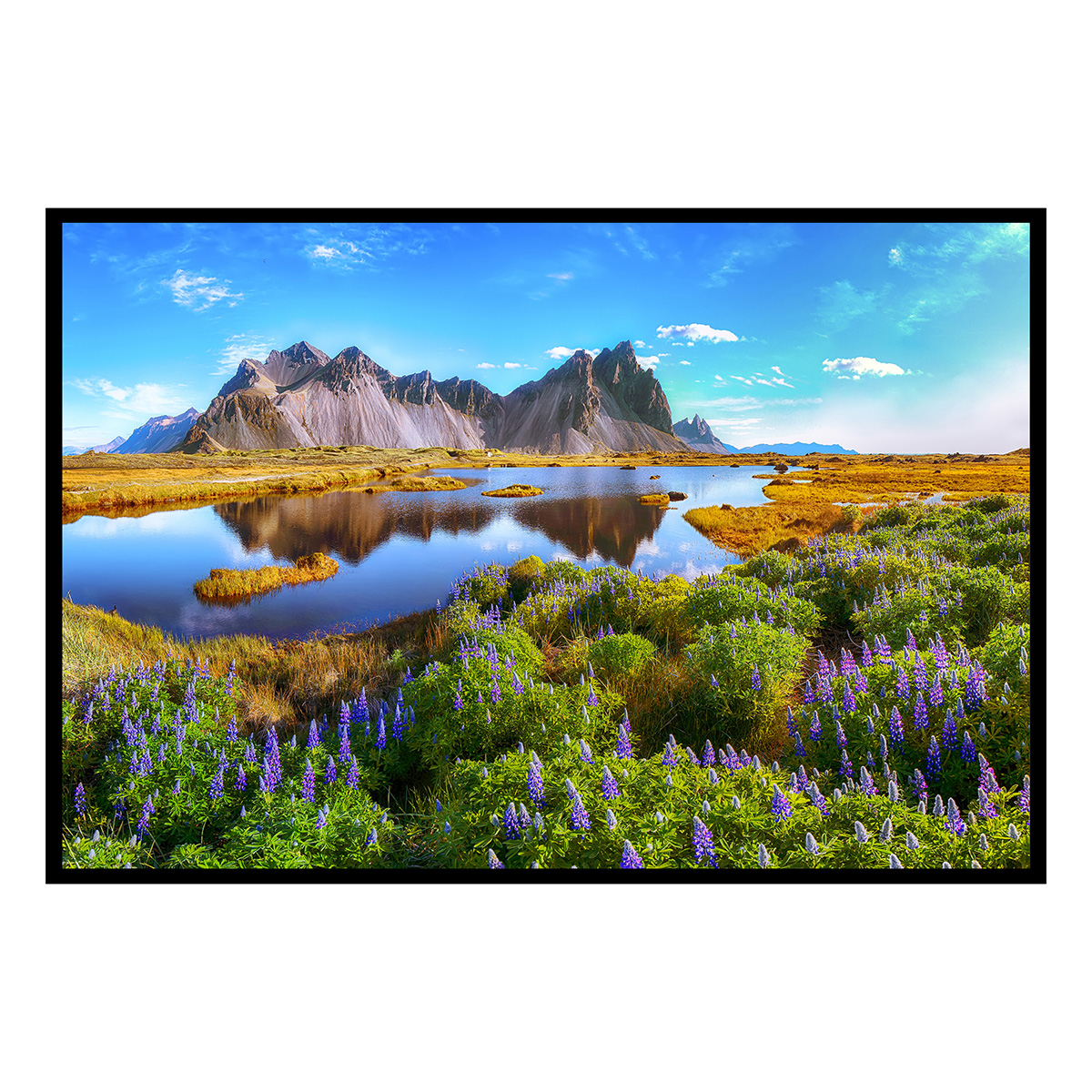 Affiche encadrée Paysage montagneux avec lac calme et fleurs violettes, HEXOA