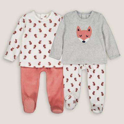 Pack of 2 Velour Pyjamas in Cotton Mix, 1 Month-4 Years LA REDOUTE COLLECTIONS