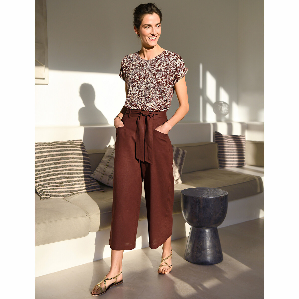 Cropped wide leg trousers in cotton 
