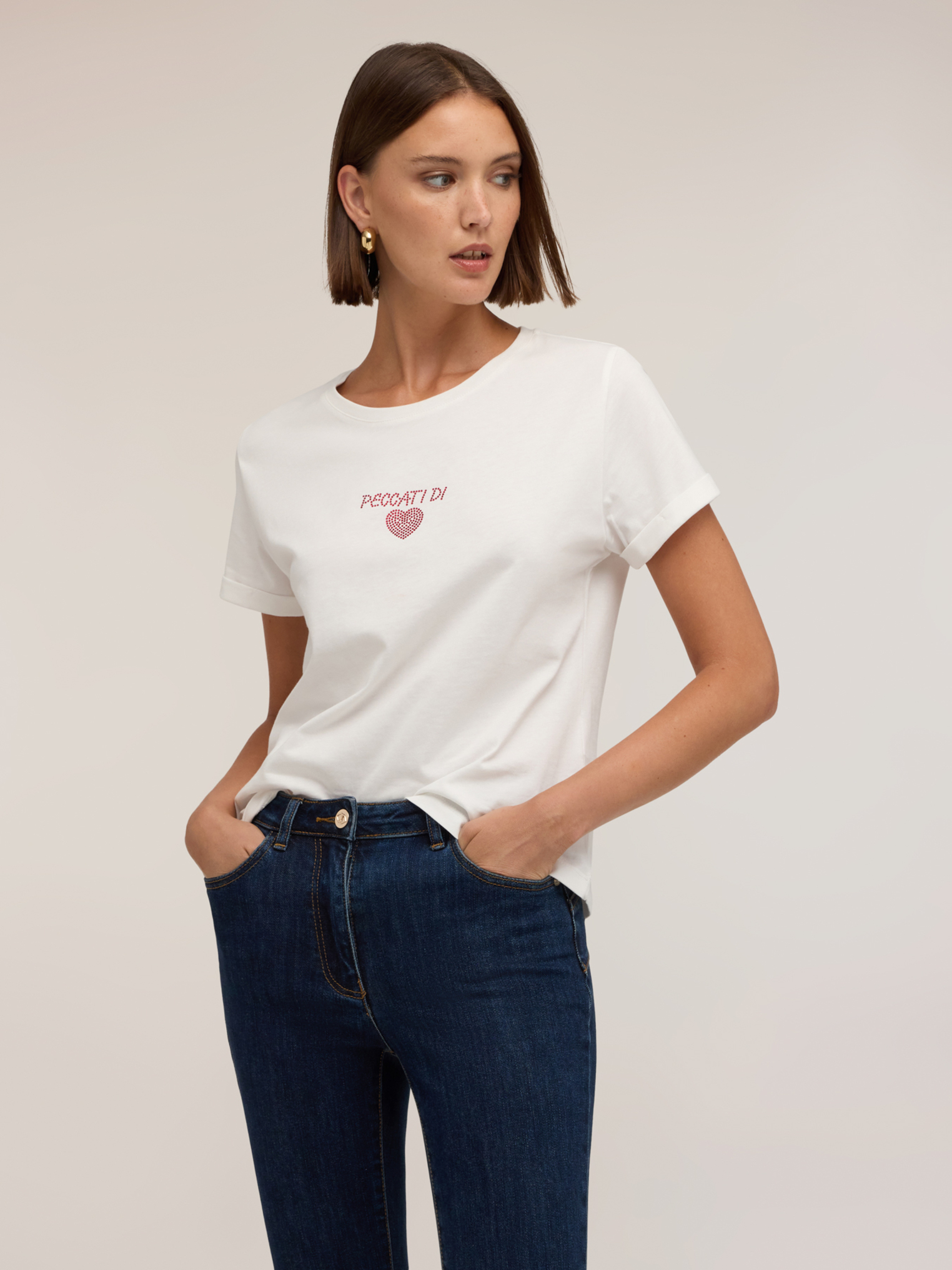 T-shirt avec inscription et cœur en strass, MOTIVI