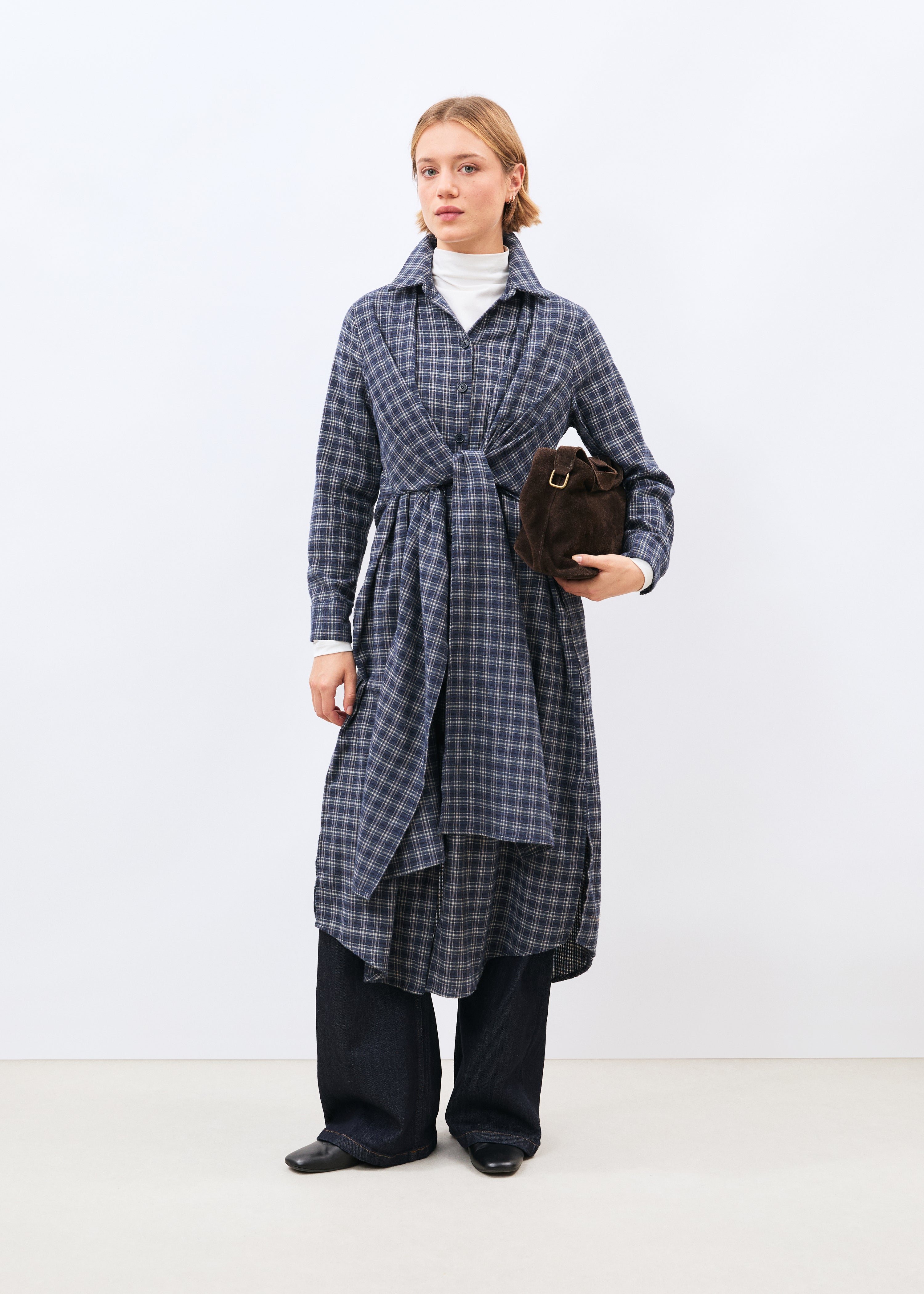Robe chemise longue à carreaux manches longues, HUMILITY