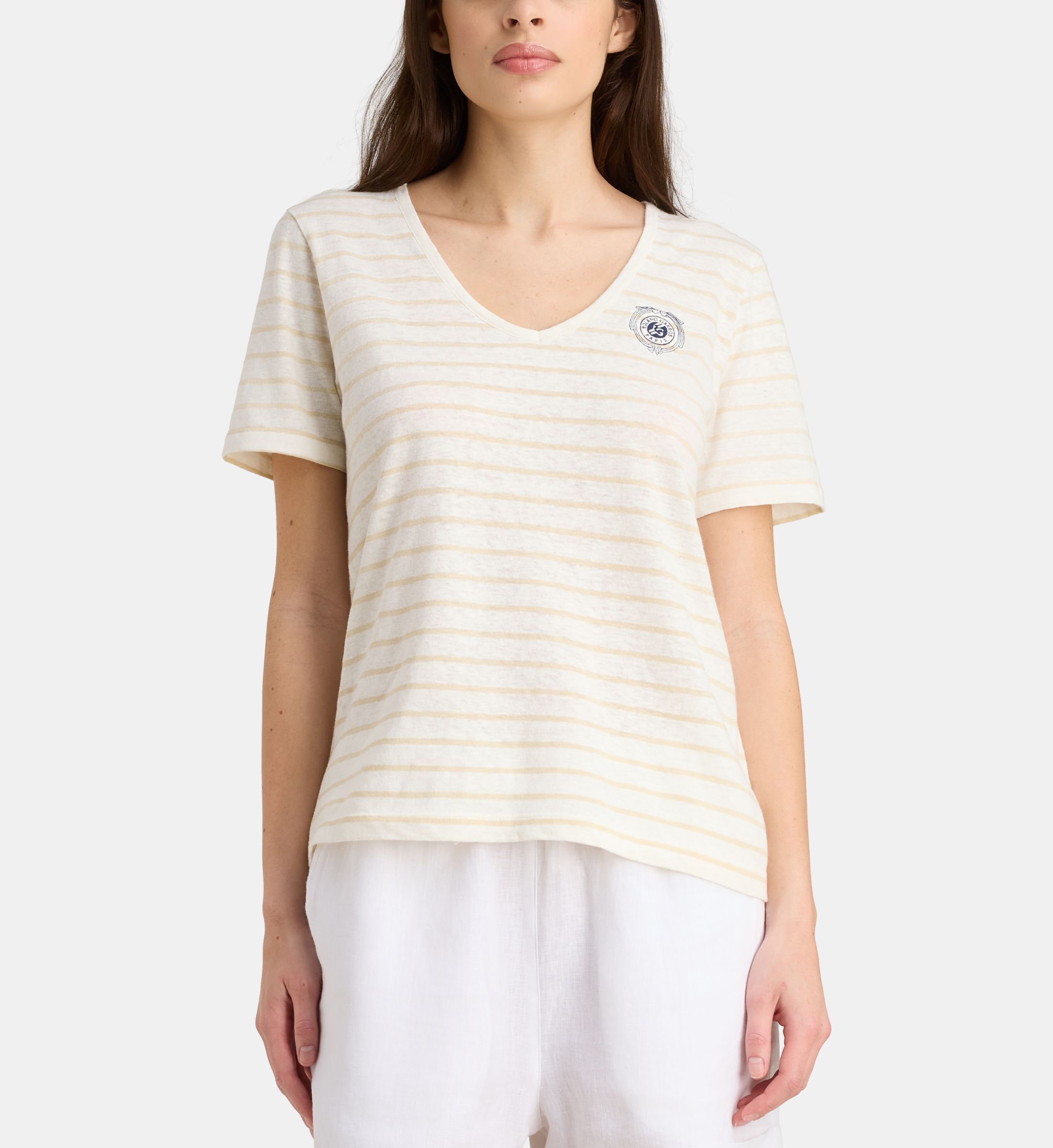 T-shirt droit alexa rayures col v lin et coton bio, GALERIES LAFAYETTE