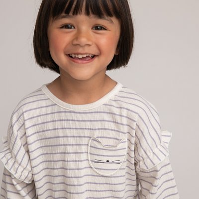 Striped Cotton T-Shirt with Long Sleeves and Ruffle Detail LA REDOUTE COLLECTIONS