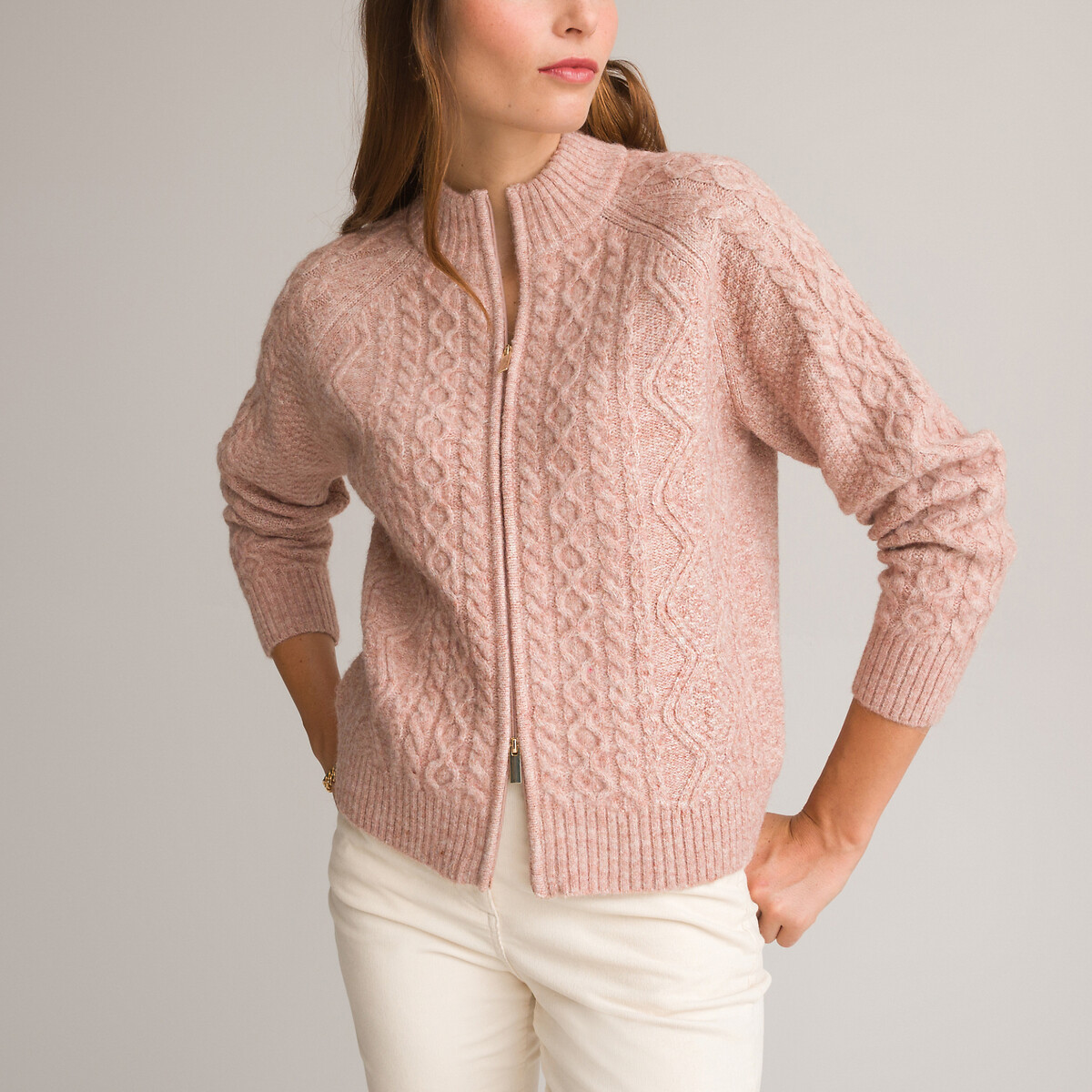 Recycled Cable Knit Cardigan with Two-Way Zip and High Neck