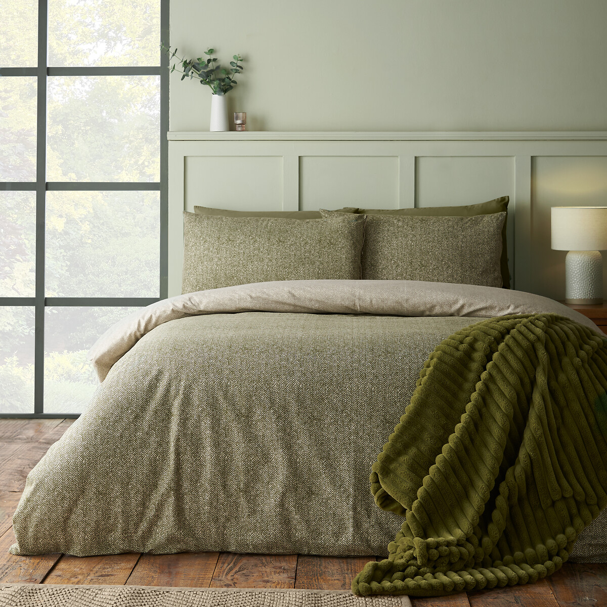 Brushed Herringbone Cotton Reversible Duvet Cover Set, CATHERINE LANSFIELD