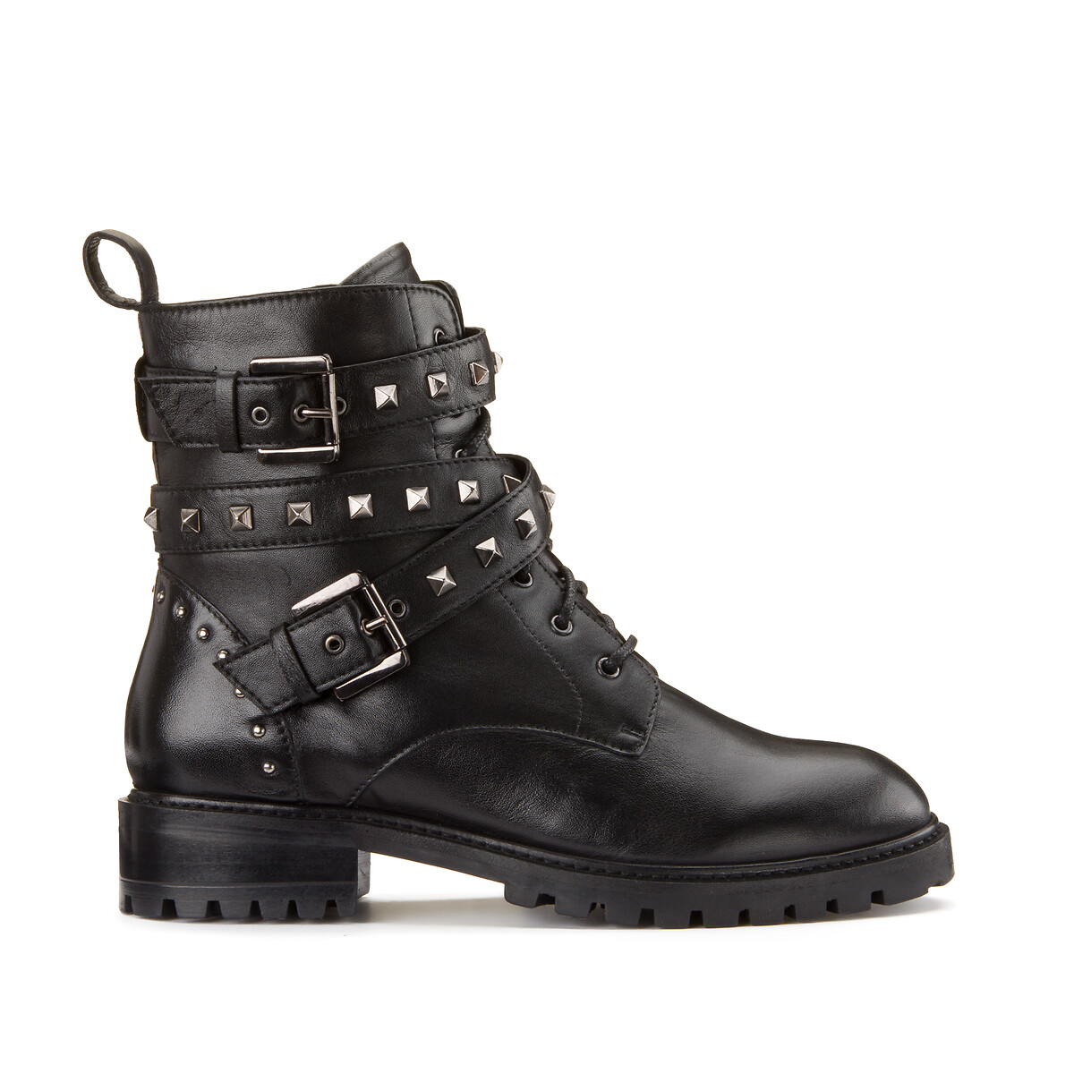 Bottines en cuir avec clous semelle crant e noir La Redoute