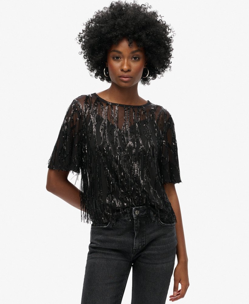 Haut transparent à manches courtes et sequins, SUPERDRY