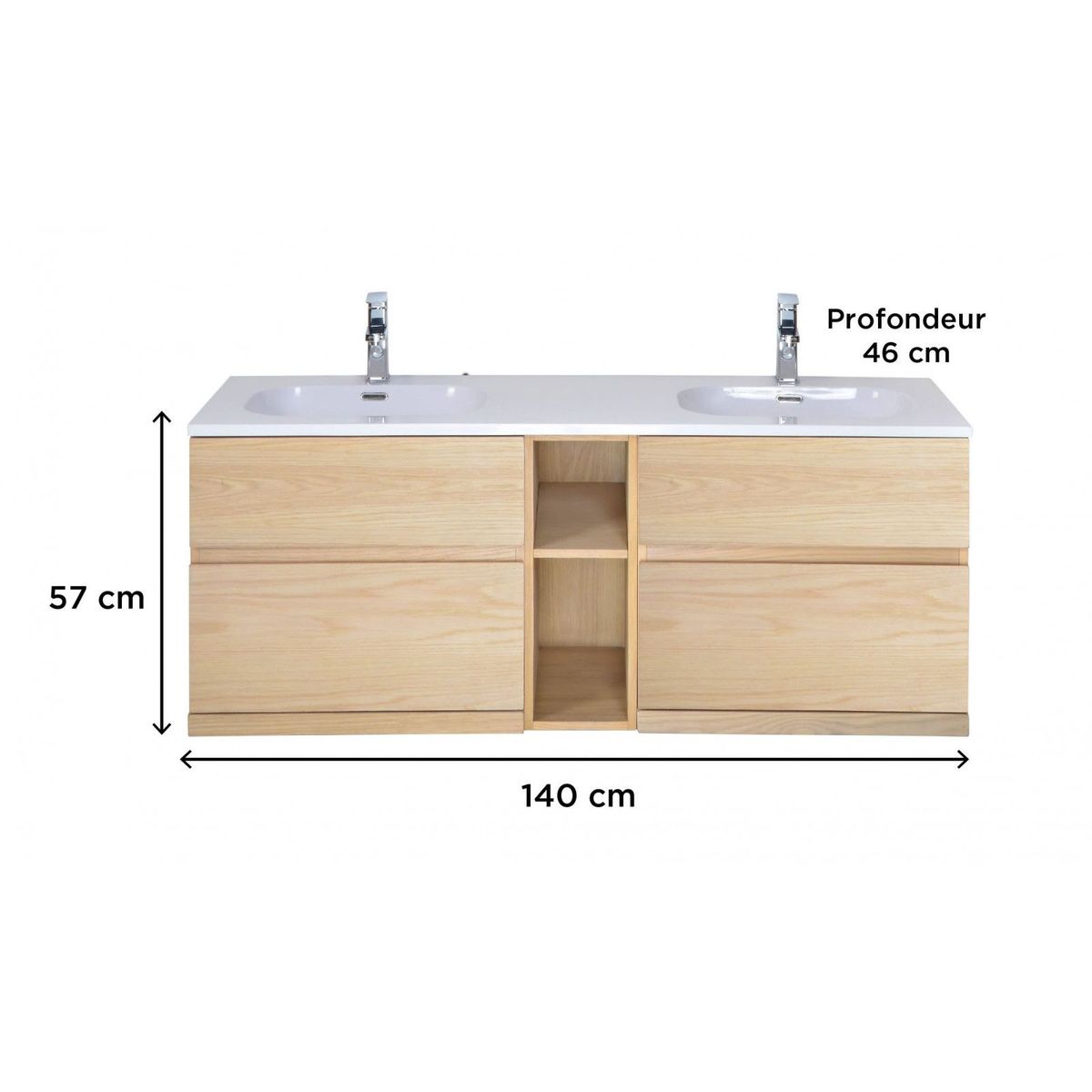 Duo de meuble de salle de bain mobile, sur pieds, avec 3 tiroirs en bois et  double lavabo, 122x47x86cm.