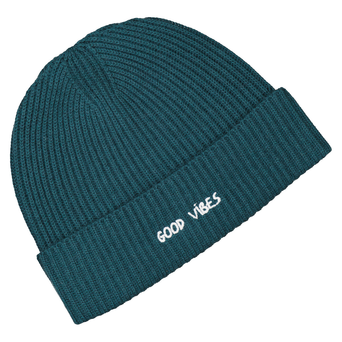 Vincennes Ribbed Wool Beanie with Turn-Up and Good Vibes Embroidery