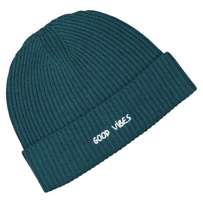 Vincennes Ribbed Turn-Up Beanie with Good Vibes Embroidery MAISON LABICHE