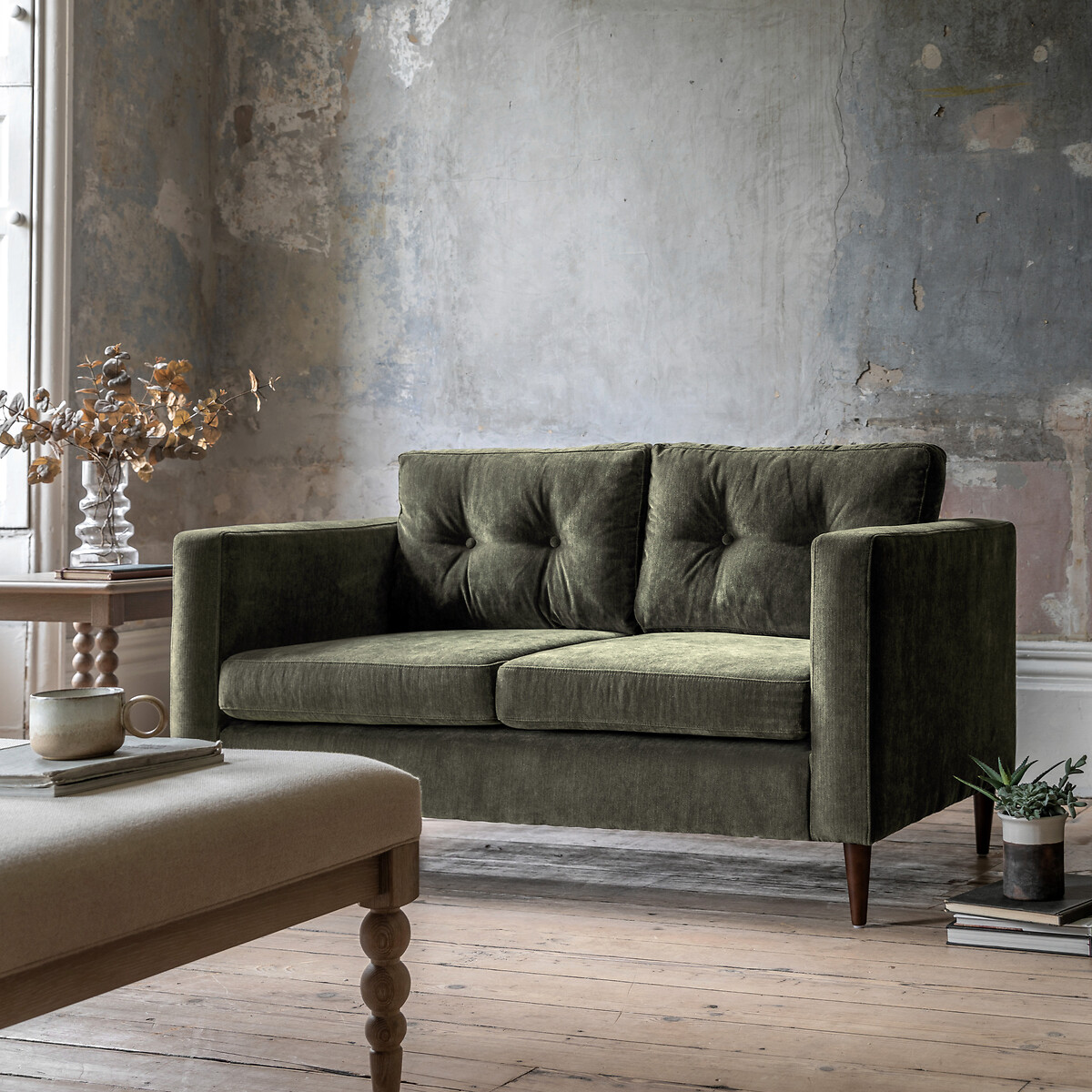 Marchfield Buttoned Soft Brushed 2 Seater Sofa with Dark Wood Legs, SO'HOME