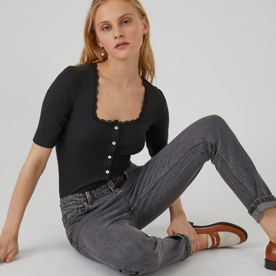 Buttoned Square Neck T-Shirt with Lace Detail LA REDOUTE COLLECTIONS
