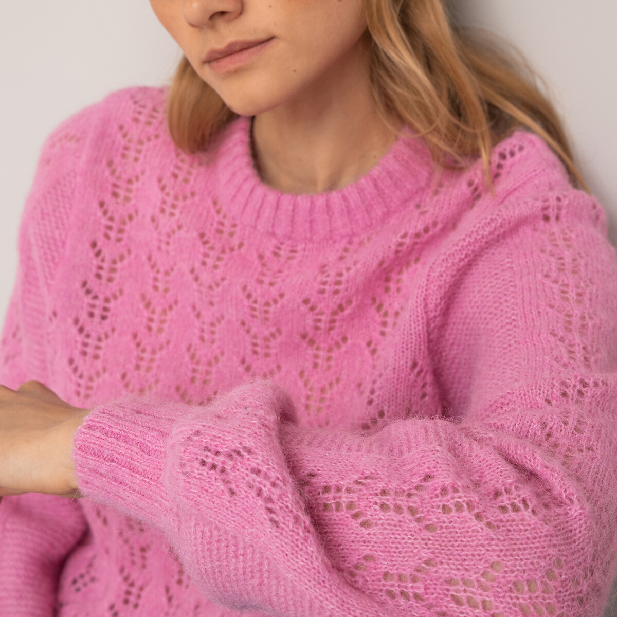 Alpaca Mix Jumper in Pointelle Knit with Crew Neck