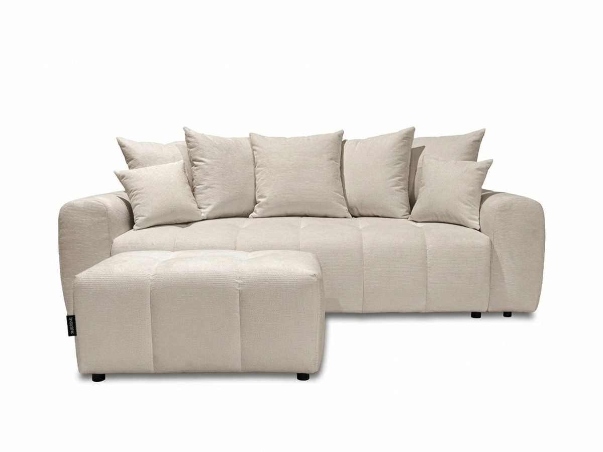 Canapé droit convertible 3 places en tissu chiné avec pouf, ROXELANE, BOBOCHIC