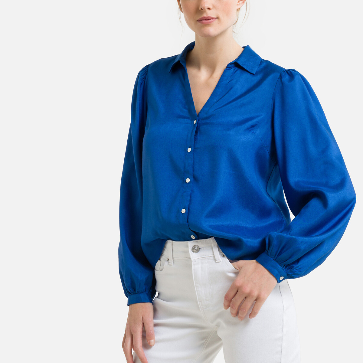 Satin long sleeve blouse , blue, Pieces | La Redoute
