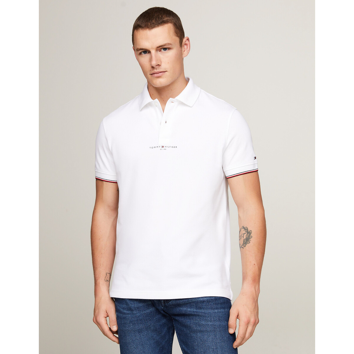 Image of Cotton Tipped Polo Shirt with Logo Print in Cotton, Regular Fit