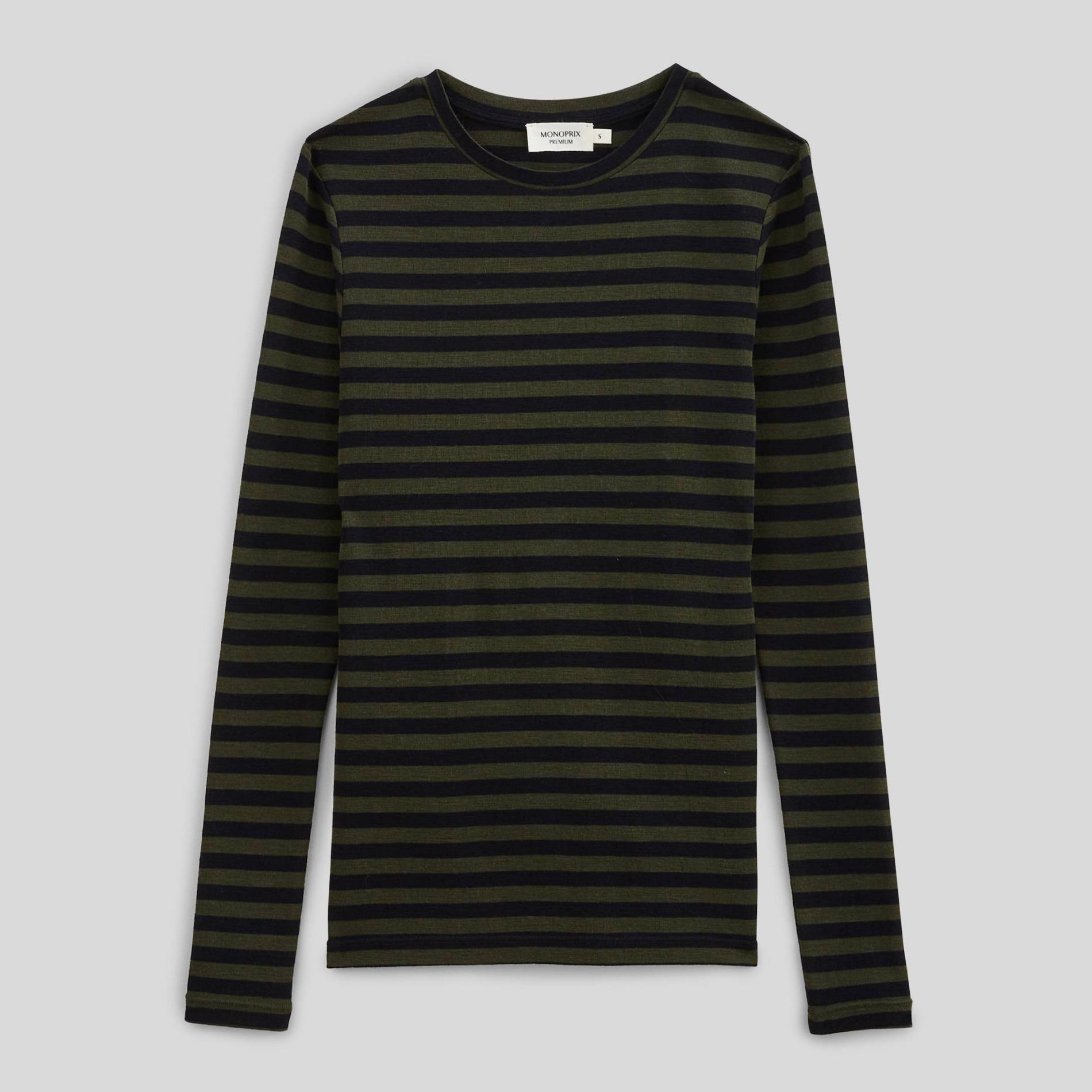 T-shirt manches longues en laine mérinos rayé, MONOPRIX