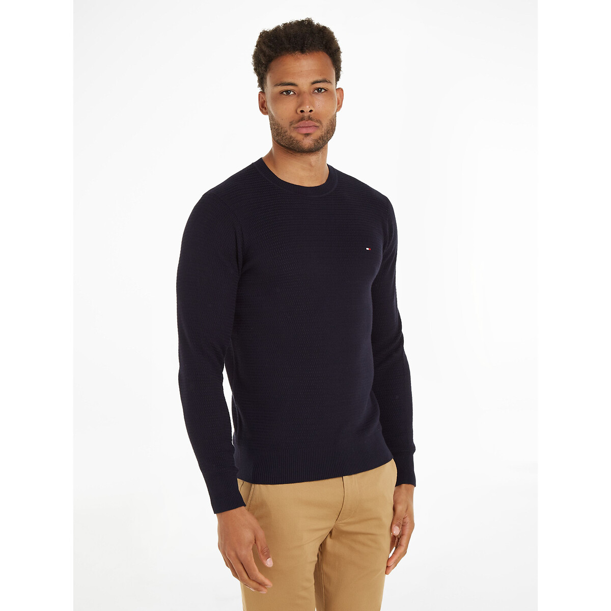 Embroidered logo cotton jumper in fine knit with crew neck Tommy ...