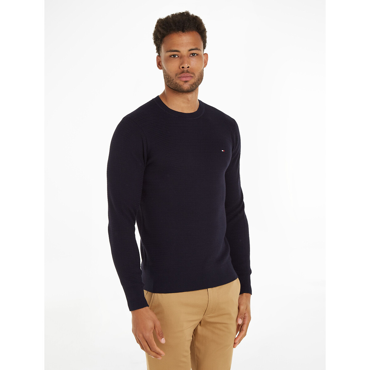 Embroidered Logo Cotton Jumper in Fine Knit with Crew Neck