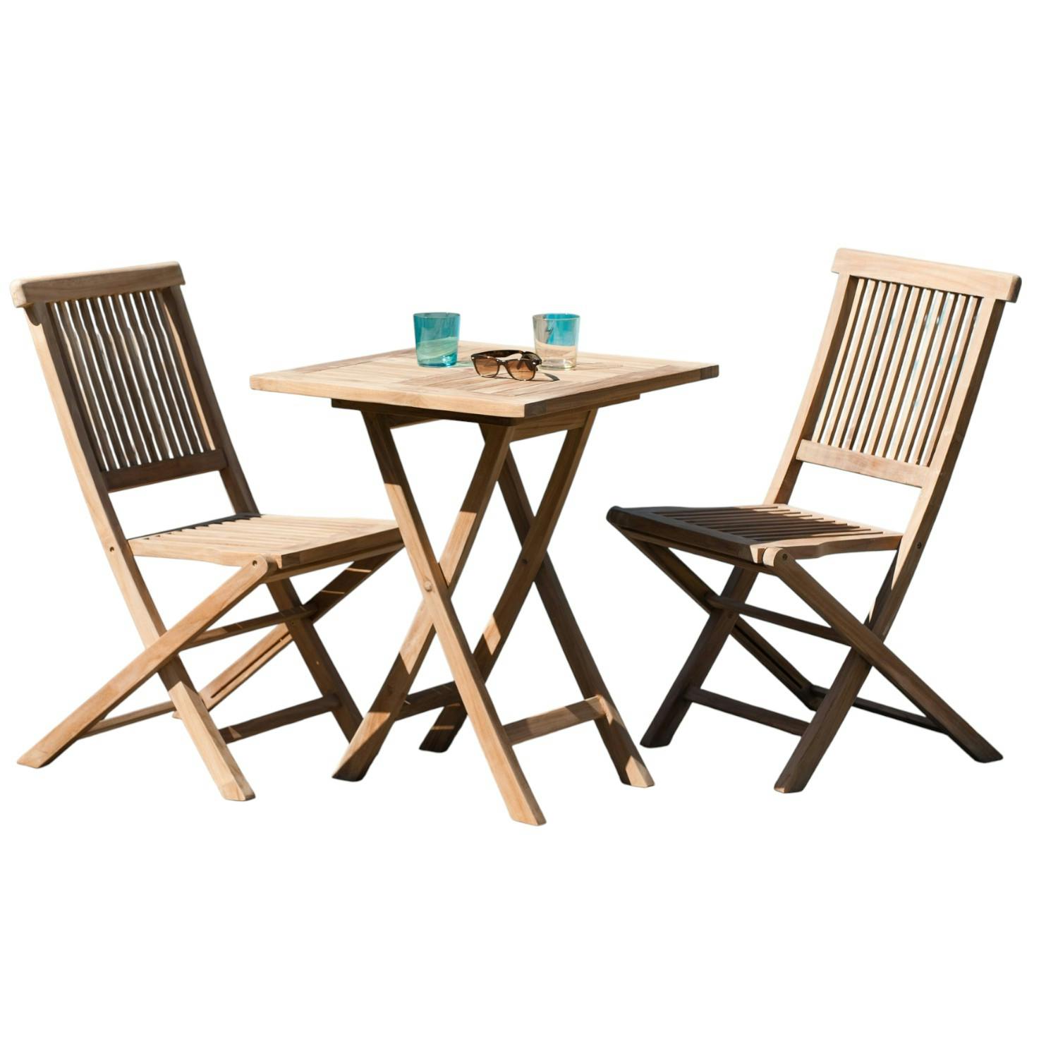 Salon de jardin table d'extérieur carrée pliante 60x60cm 2 chaises pliantes en bois de teck SUMMER, PIER IMPORT