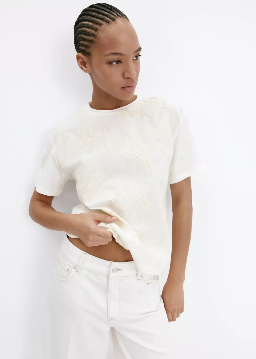 T-shirt coton broderie à fleurs, MANGO