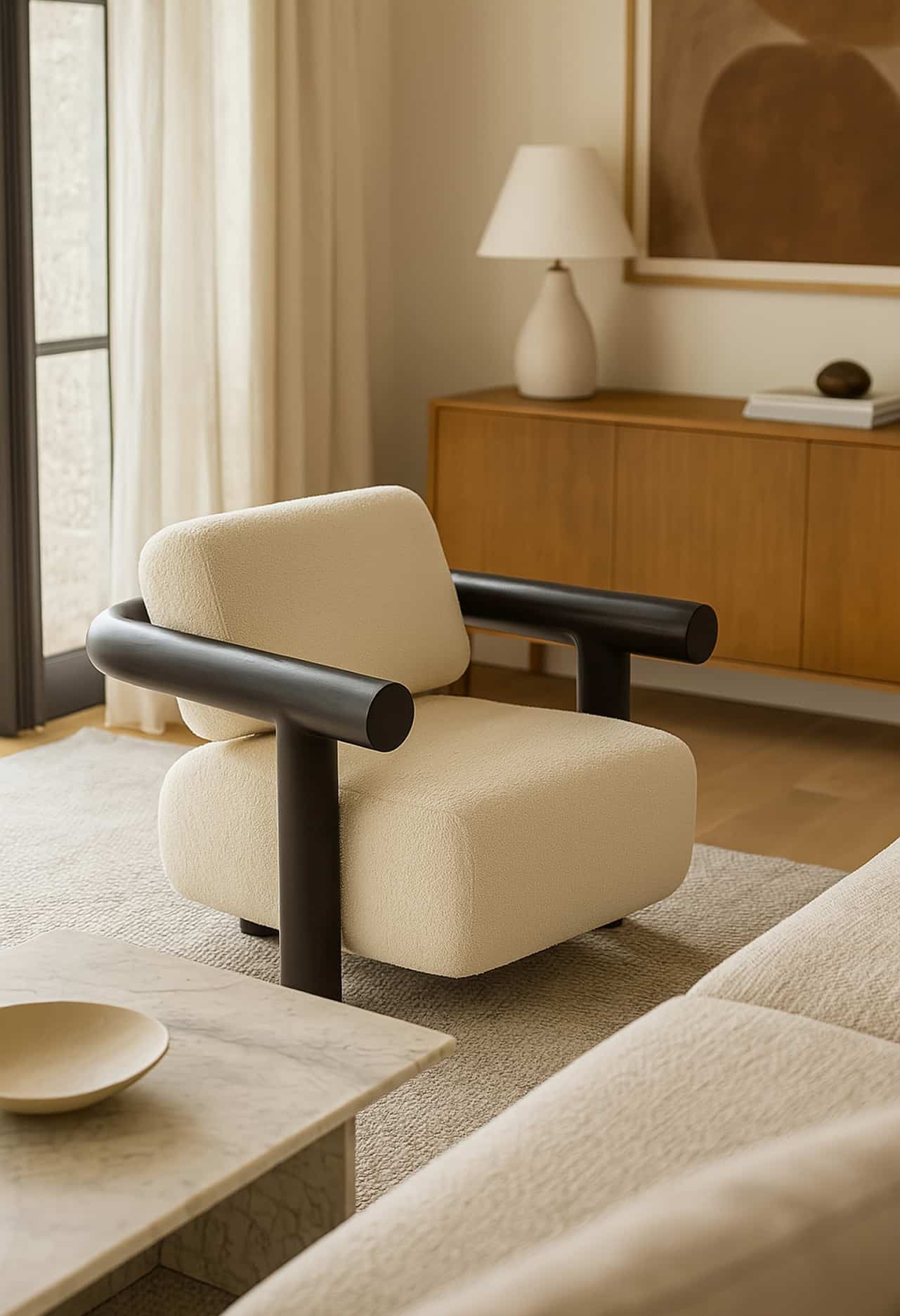 Fauteuil en bouclette et acier, Claude, GABRIELLE PARIS