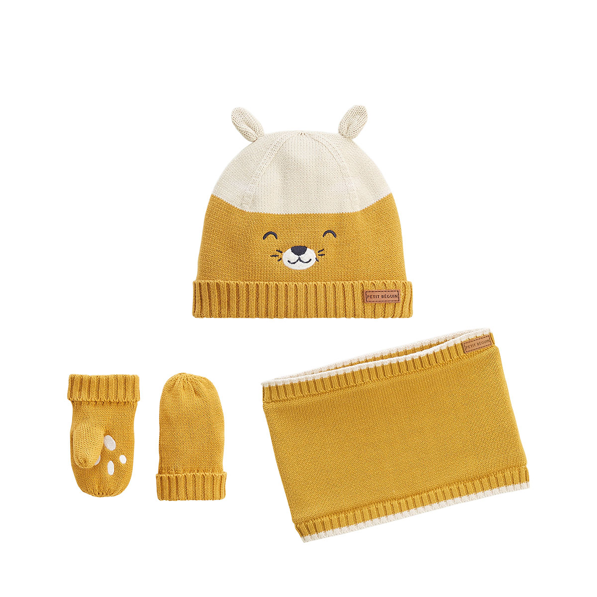 Ensemble bonnet, moufles et cache-cou enfant en tricot Charly, PETIT BEGUIN