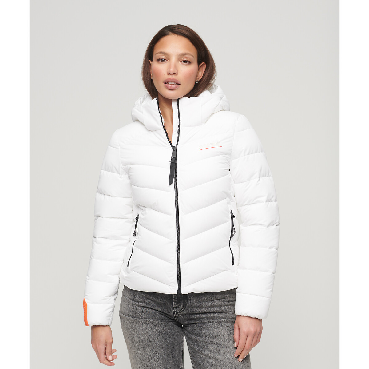 short hooded padded jacket with zip fastening