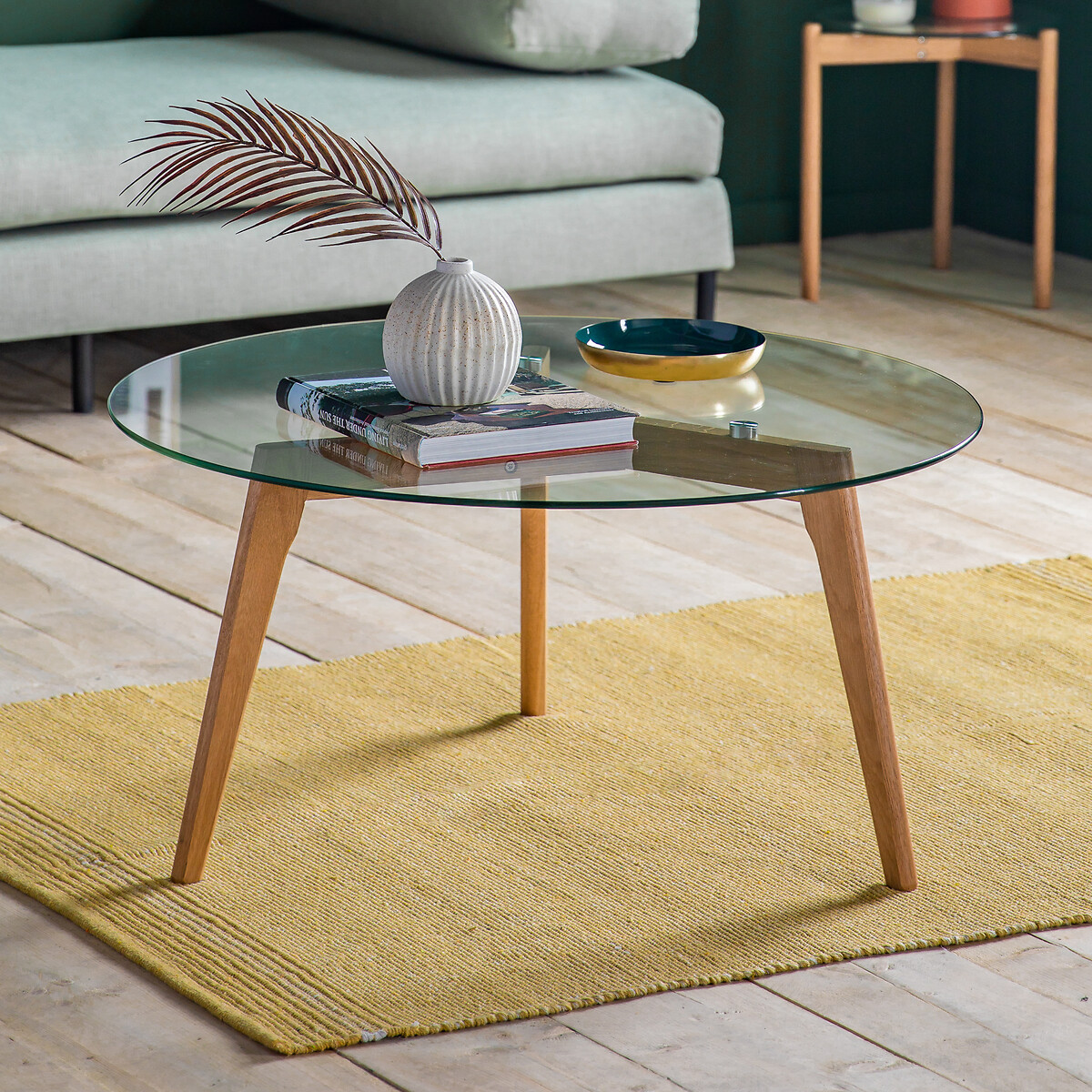 Glass and light wood coffee deals table